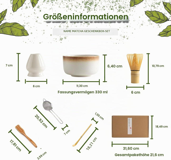Matcha Set, 6-teilig mit Sieb, Matcha Besen, Keramik Matcha Schale, Matcha Tee Chasen Whisk und Teel