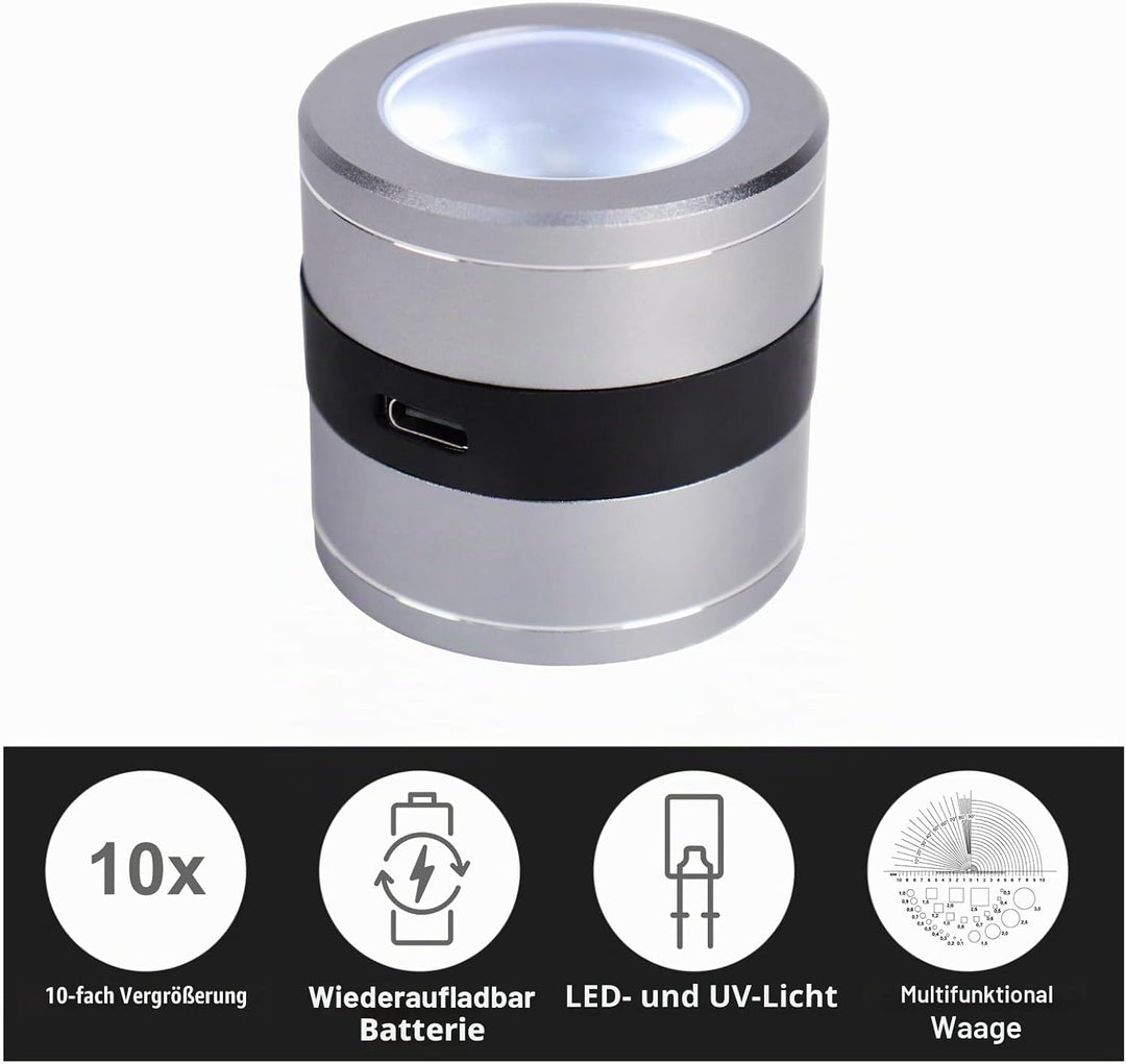 10x Juwelierlupe mit LED, UV-Licht, metrischer Skala, USB-LED-Anzeige. Ideal für Schmuck, Textil, Ed