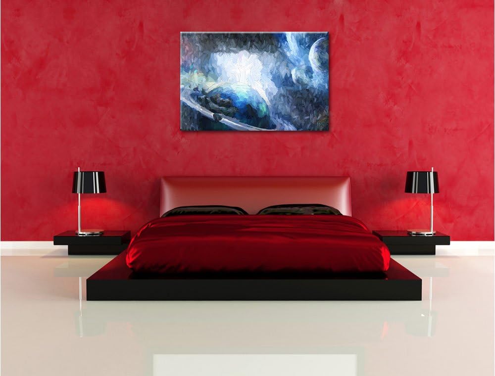 Pixxprint Planeten und Meteoriten im Weltraum Kunst Pinsel Effekt, Format: 100x70 auf Leinwand, 100x