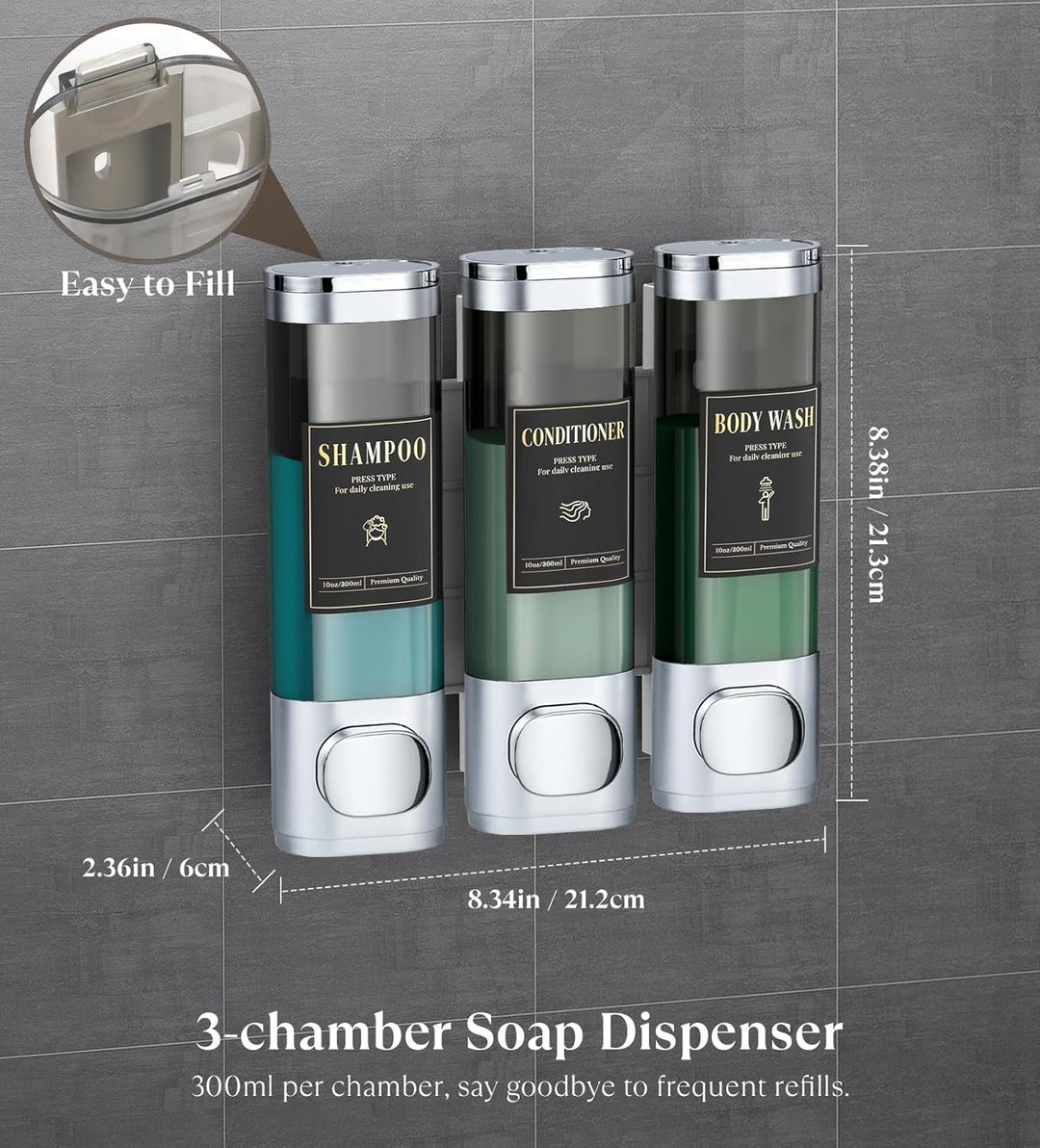 Luxspire Shampoo- und Conditioner-Spender, bohrerloser Wand-Duschseifenspender mit 3 Kammern und was