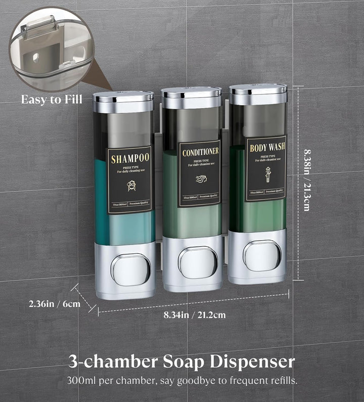 Luxspire Shampoo- und Conditioner-Spender, bohrerloser Wand-Duschseifenspender mit 3 Kammern und was