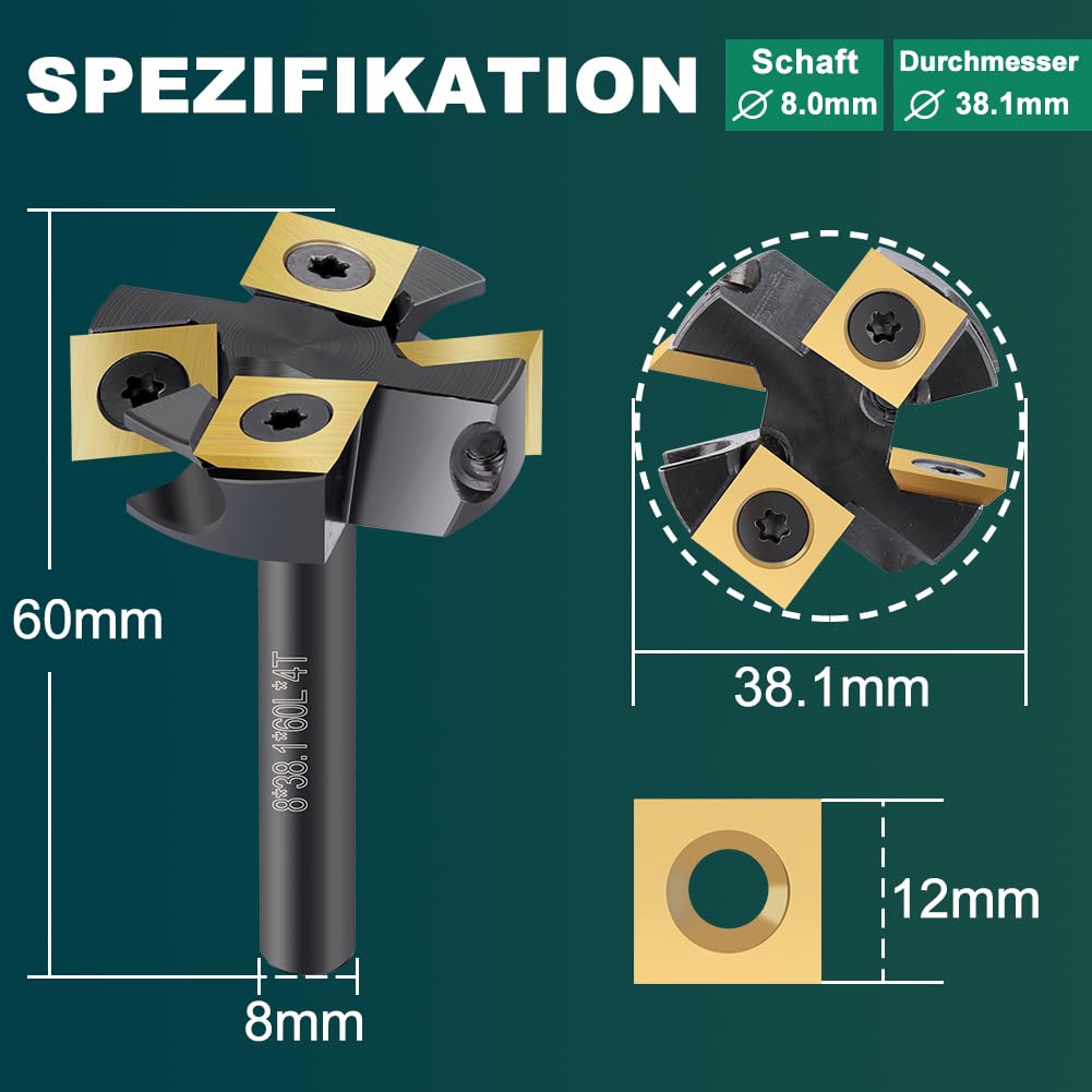 BALUGAEA Planfräser 8mm Schaft Durchmesser 38,1 mm Hobelfräser Holz Abflachfräser mit TiN-besch Hart