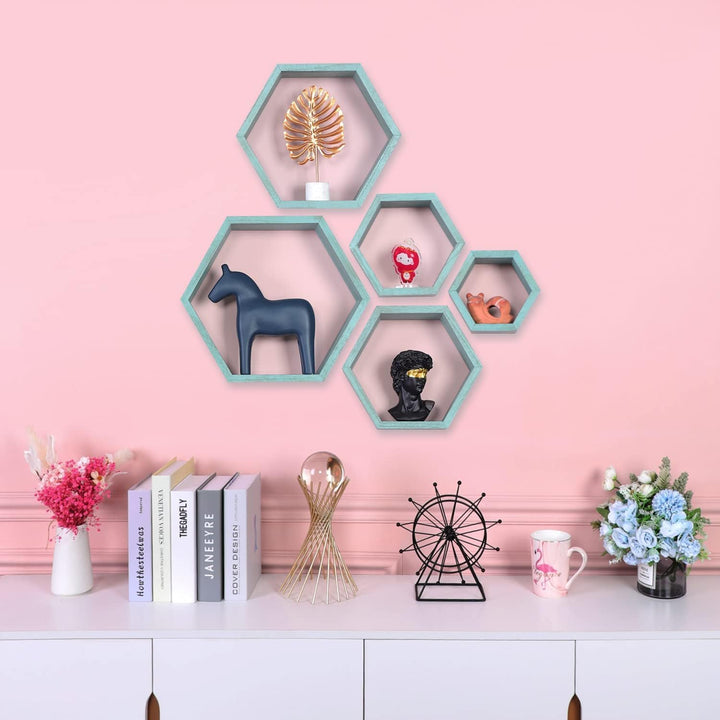 MITREL Hexagon Wandregal, Wohnzimmer Deko Wand, Holz Hängeregal für Schlafzimmer, 5er-Set(Blau) 5 St