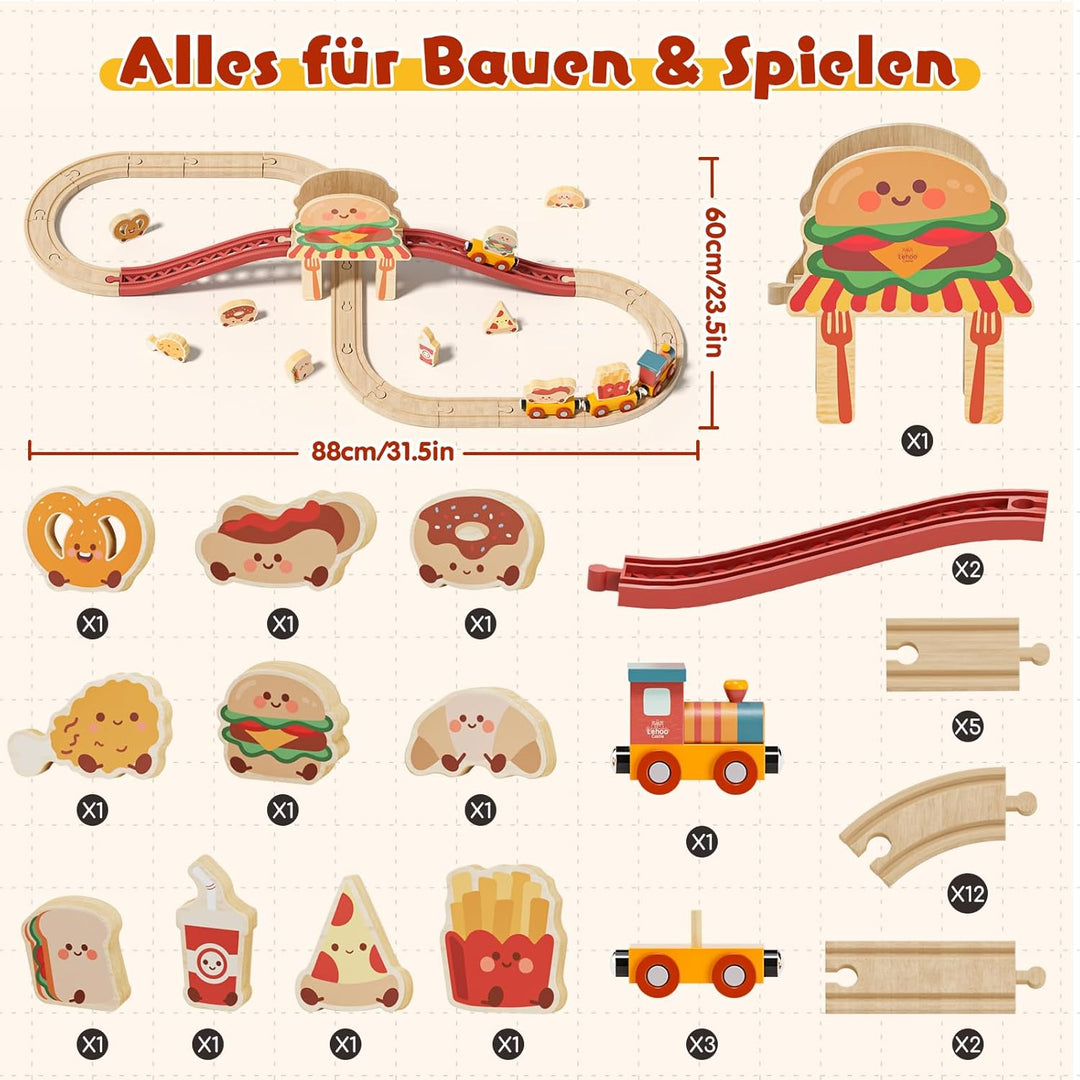 Lehoo Castle Holzeisenbahn Set, Hamburger Holz Eisenbahn Kinder mit Pizza, Burger, Pommes & Zubehör,