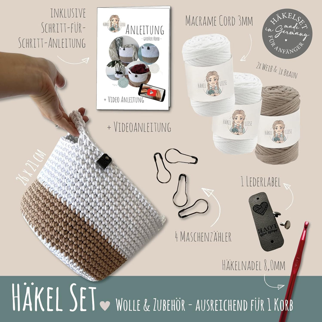 HÄKEL LIESE Häkelset für Anfänger - grosser Korb, Häkelset Anfänger, Aufbewahrungskorb, Baumwollgarn