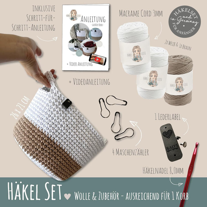 HÄKEL LIESE Häkelset für Anfänger - grosser Korb, Häkelset Anfänger, Aufbewahrungskorb, Baumwollgarn