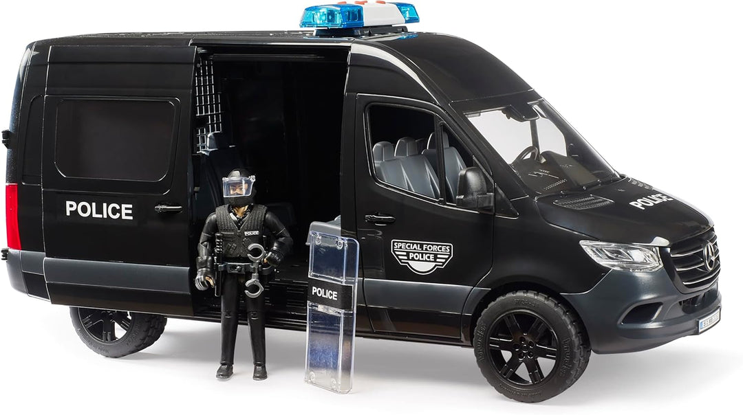 bruder 02685 - MB Sprinter Police Special Forces mit bworld Figur | Inklusive Light &amp; Sound Modul, P
