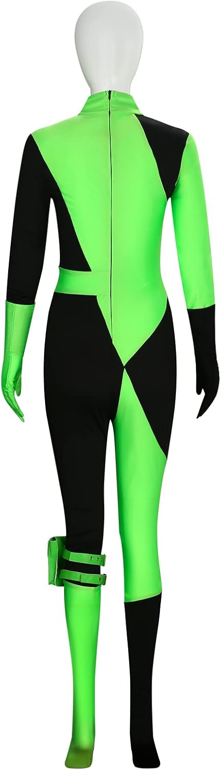 Funhoo Damen Shego Cosplay Kostüm Bodysuit Jumpsuit mit Handschuhen Beinbeutel Grün und Schwarz Frau