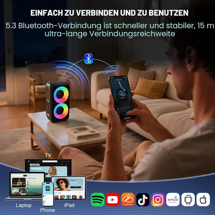 Karaoke Maschine mit 2 kabellosen Mikrofonen – 2x10W Tragbarer Bluetooth Lautsprecher, unterstützt T