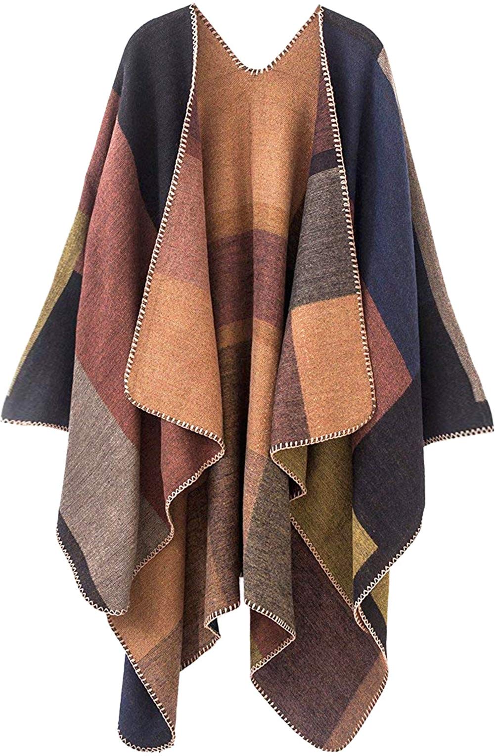 Shmily Girl - Damen Poncho Habe Gestrickt Überdimensionalen Decke Kap-Schal Plaid / Kakhi, Plaid / K