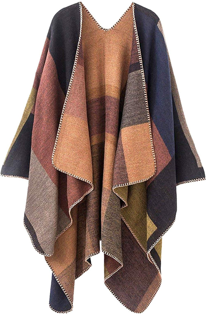 Shmily Girl - Damen Poncho Habe Gestrickt Überdimensionalen Decke Kap-Schal Plaid / Kakhi, Plaid / K