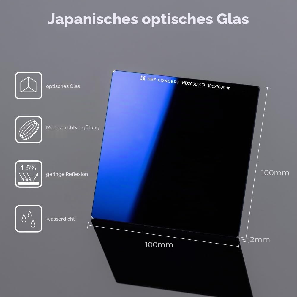 K&F CONCEPT Nano-X Rechteckfilter ND2000(11 Stop) 100x100mm Square Filter Graufilter aus Optisches G