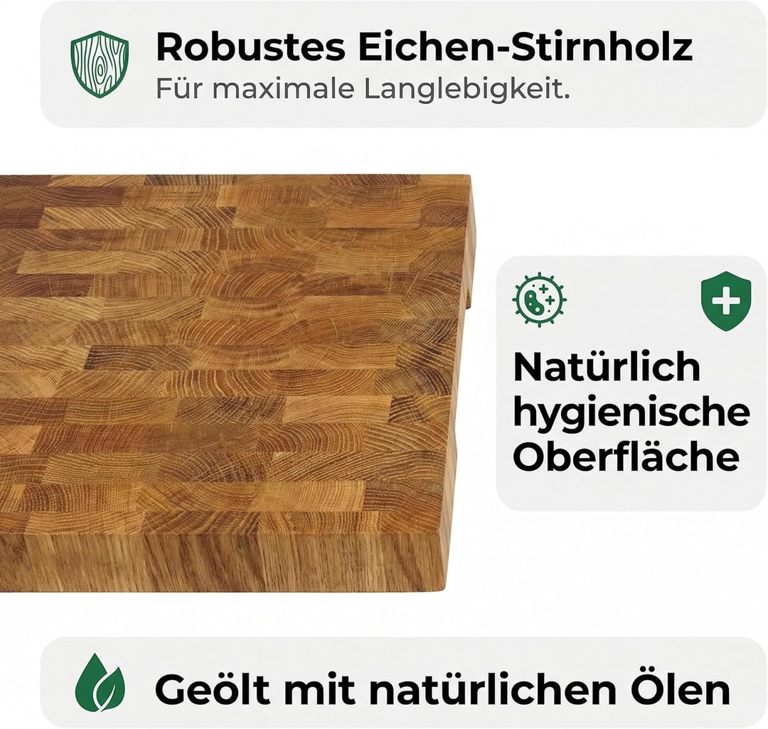 B4K 43х33x4,3cm mit Ständer Hackblock aus Eiche Stirnholz | Hirnholzbrett mit Griffen und Silikonfüs