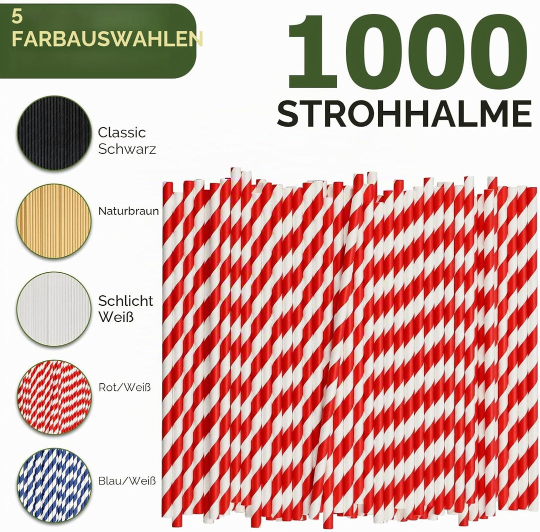Einweg-Papiertrinkhalme Bulk 1000 Stück, Rot/Weiss gestreift, 19,7x0,6cm - Umweltfreundliche Strohha
