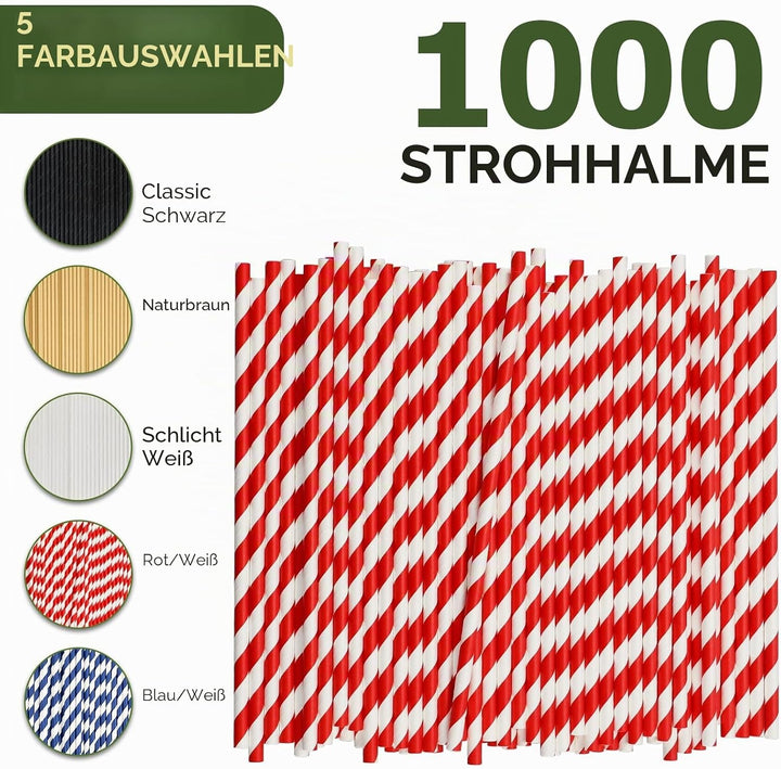 Einweg-Papiertrinkhalme Bulk 1000 Stück, Rot/Weiss gestreift, 19,7x0,6cm - Umweltfreundliche Strohha