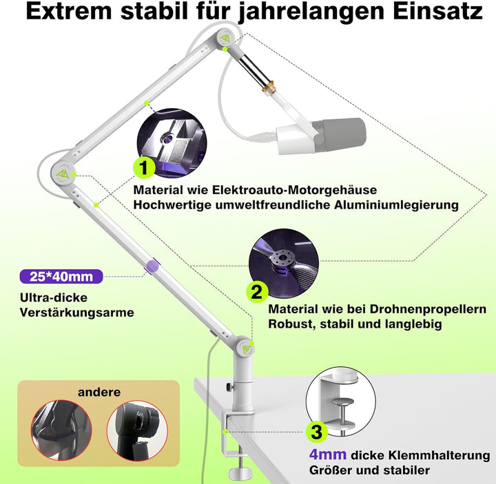 Mikrofon Arm, Max. 3 KG Traglast Mikrofonarm Kompatibel mit Shure SM7B, MV7+ & Co. Gear-Lock für rut