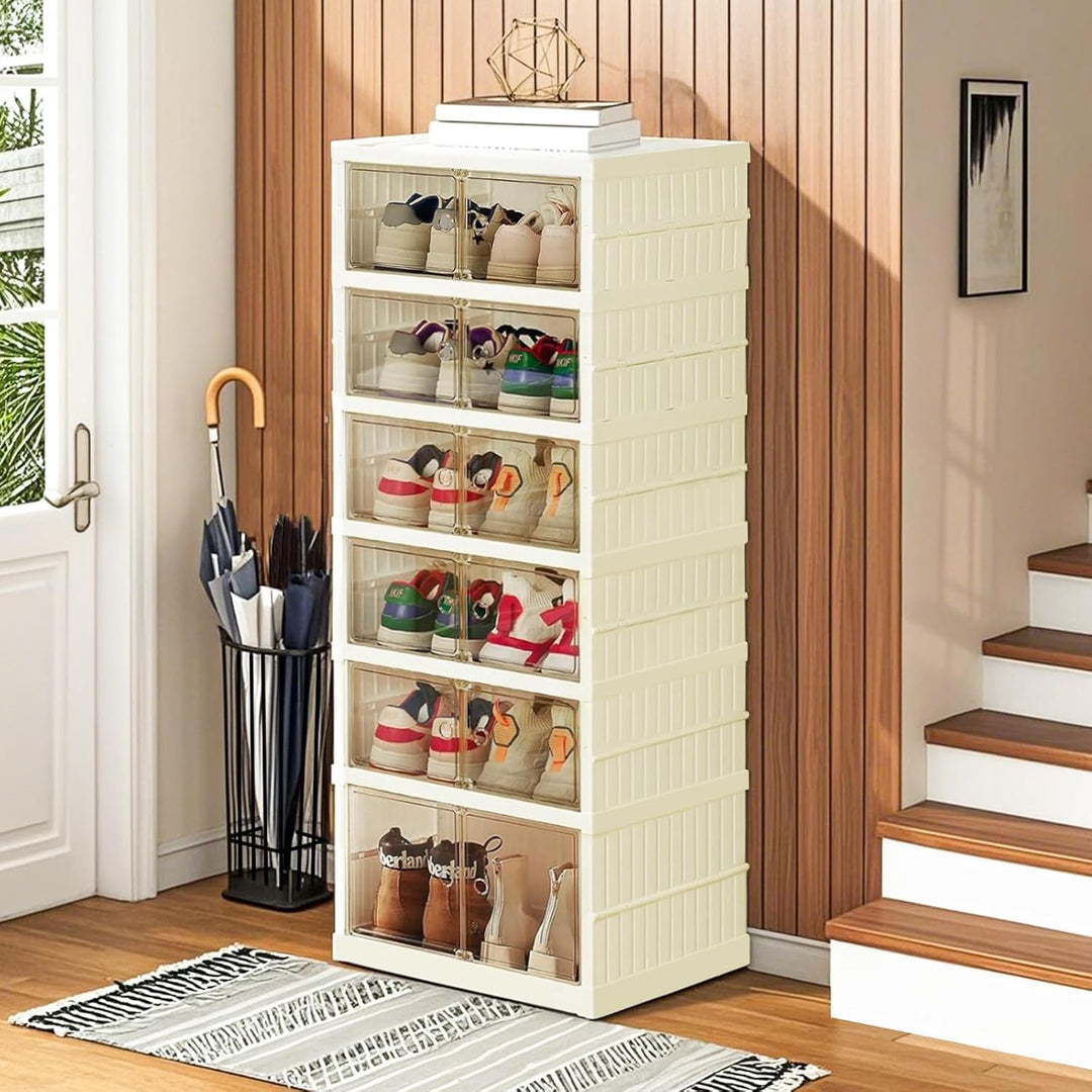Schuhboxen Stapelbar Transparent Faltbarer Schuhschrank Schuhregal Klappbar mit Magnetischer Tür für
