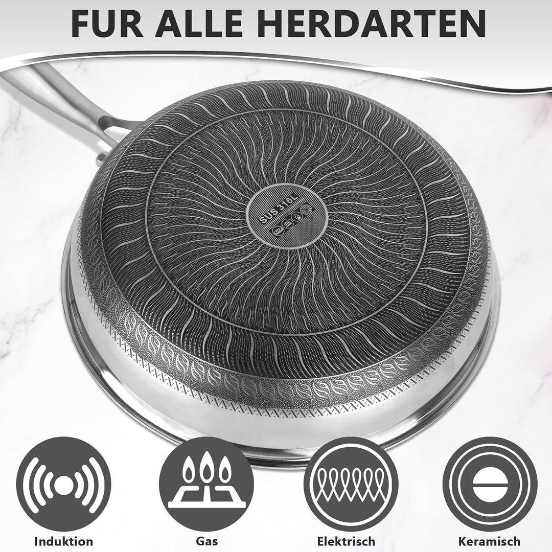 W&H Bratpfanne, 28 cm Edelstahl Pfanne mit Wabenstruktur,Antihaftbeschichtung, Abnehmbarer Griff, Ge
