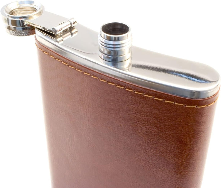 OUTDOORSAXX Edelstahl Flachmann 240ml im Leder Design inkl. Trichter, braun