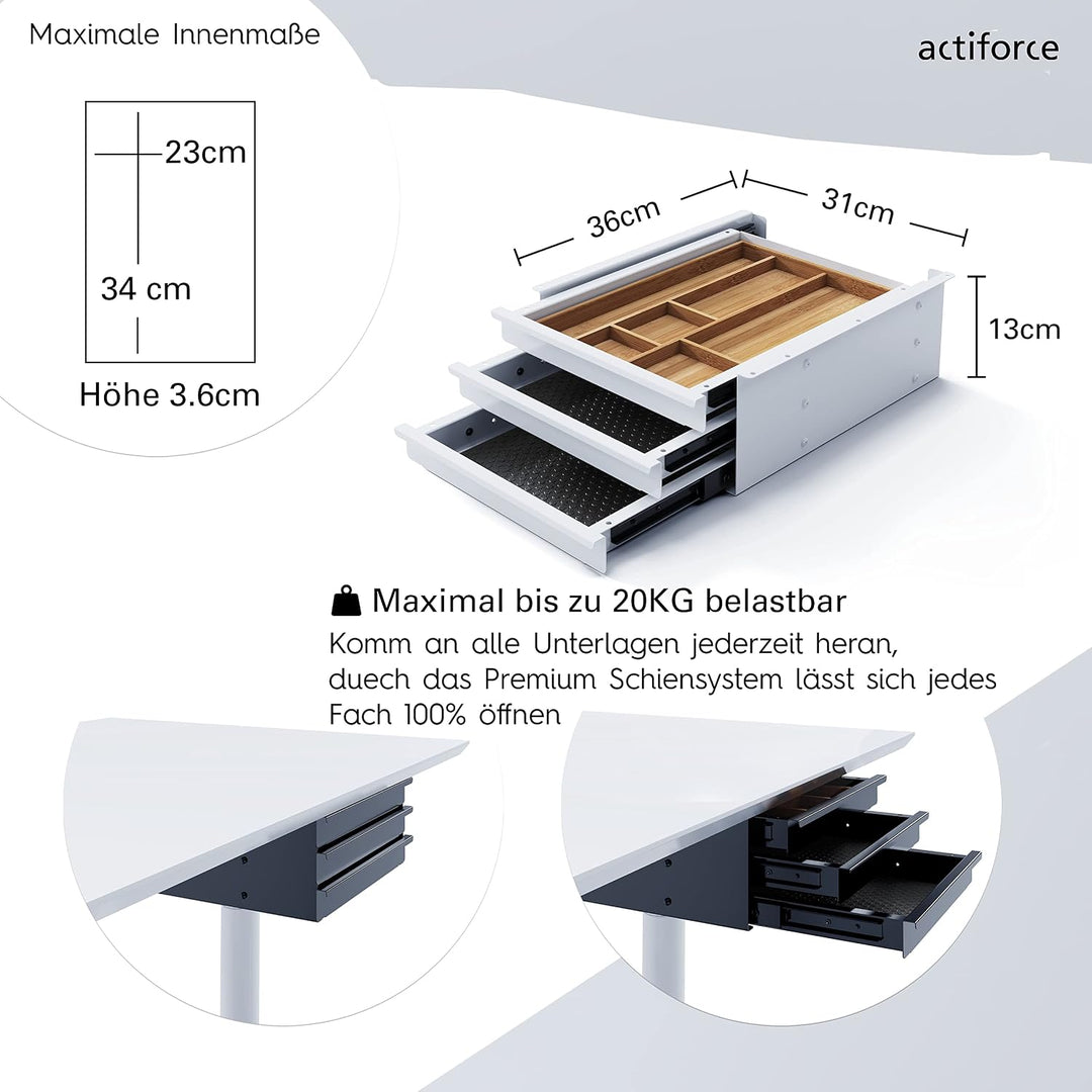 ACTIFORCE® Premium Untertischschublade |extra viel Platz durch 3 Schubfächer inkl. Herausnehmbare Ba