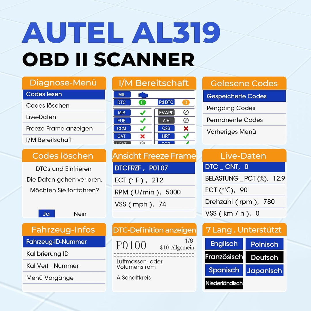 AL319 obd2 Diagnosegerät für alle Fahrzeuge,Fehlercode für obd2 Diesel und Benzin Fahrzeuge,MIL ausc
