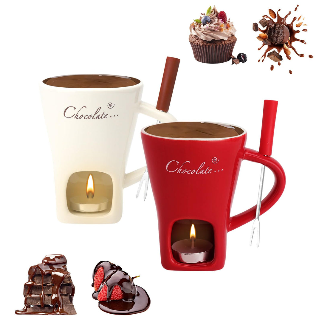 2PCS Schokofondue Tasse Keramik 130ML Schoko Fondue Cup mit Teelichthalter Gabeln Schokoladenfondue