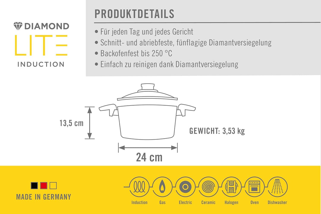 Woll Diamond Lite Topf mit Glasdeckel in Box - Induktiv -, Ø 24 cm, 13.5 cm hoch, 5.5 Liter - Geeign