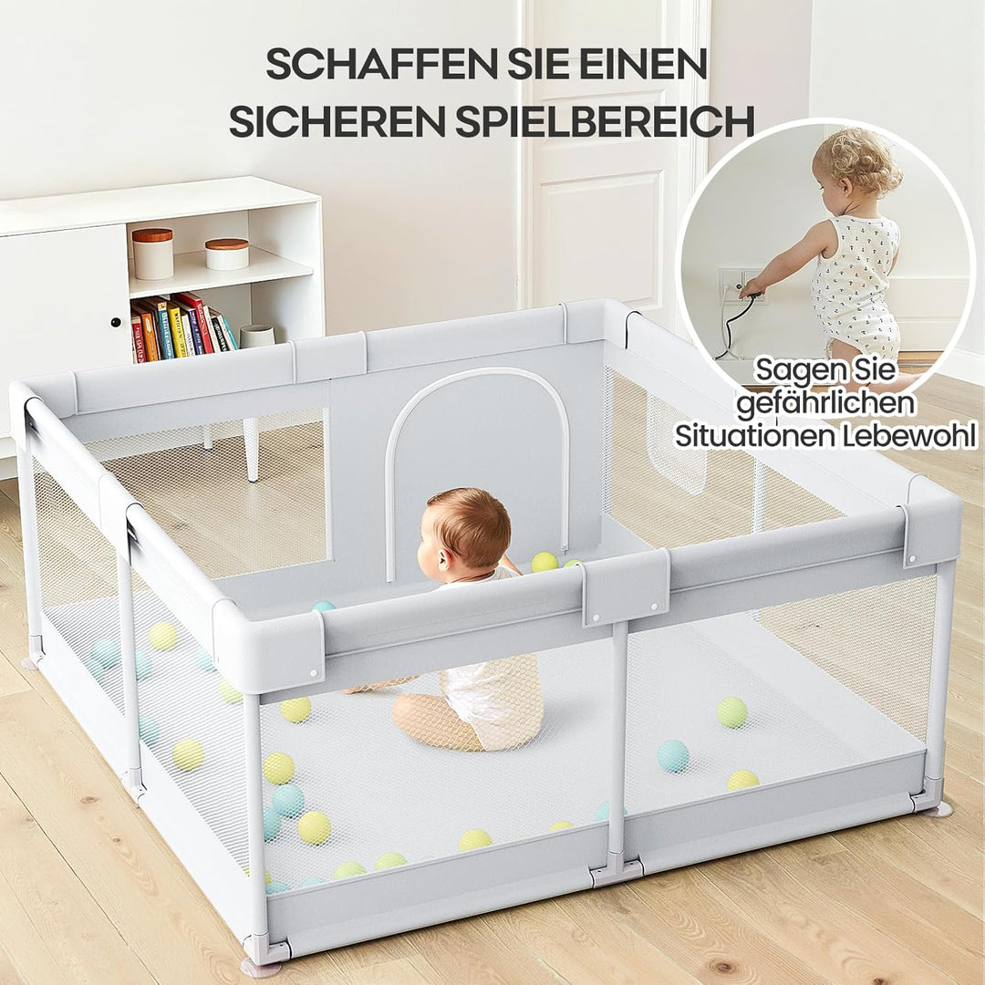 Laufstall Baby 120x120 cm Klein Baby Laufgitter, Stabiler Kinder Laufstall mit Saugnäpfen für Wohnun