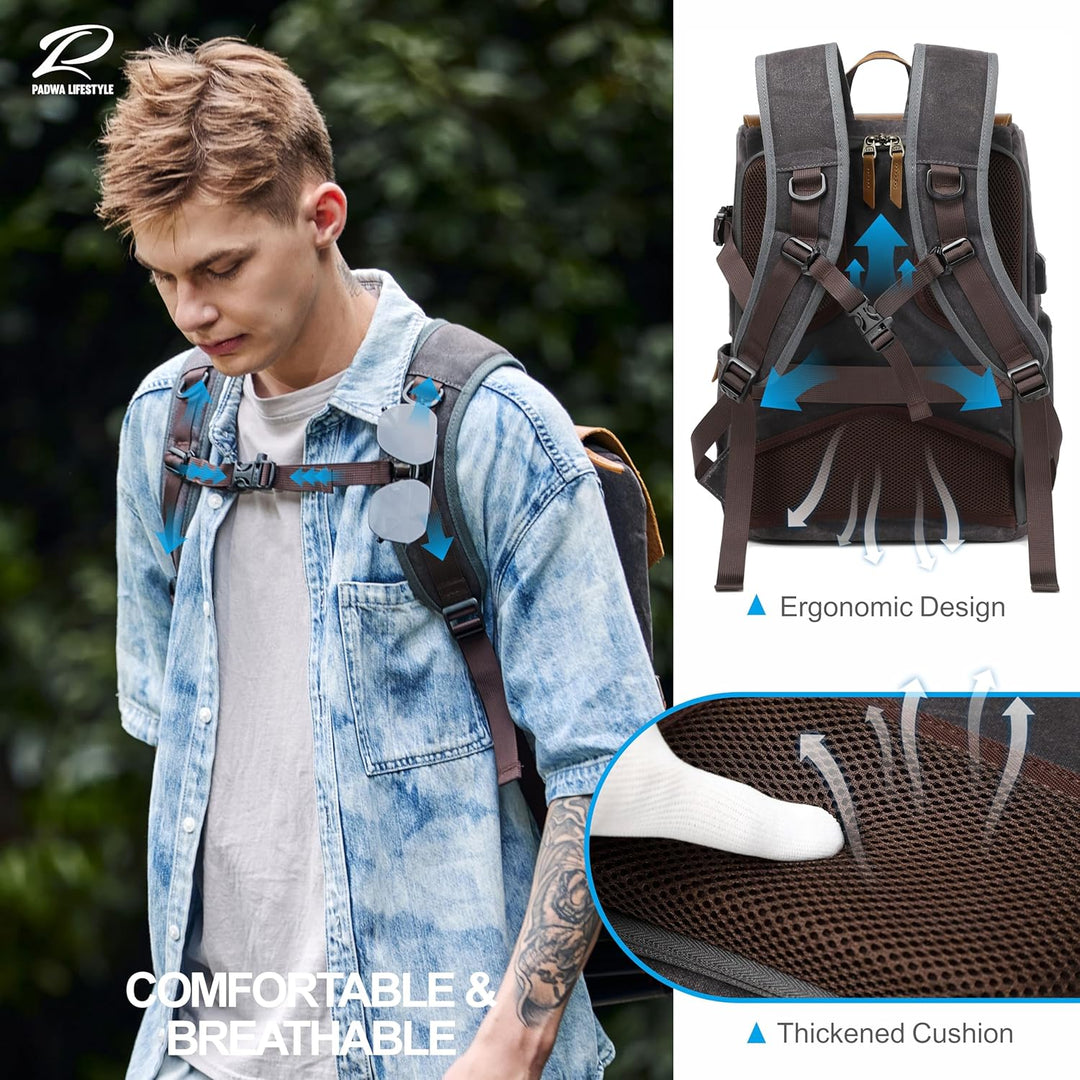 Padwa Lifestyle Schwarzer Grauer Kamerarucksack - Wetterfeste Kameratasche aus Gewachstem Memory Can