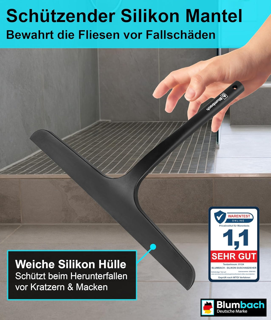 Duschabzieher schwarz, BLUMBACH® Abzieher Dusche mit Halterung 28 cm breit, Fensterabzieher Silikon