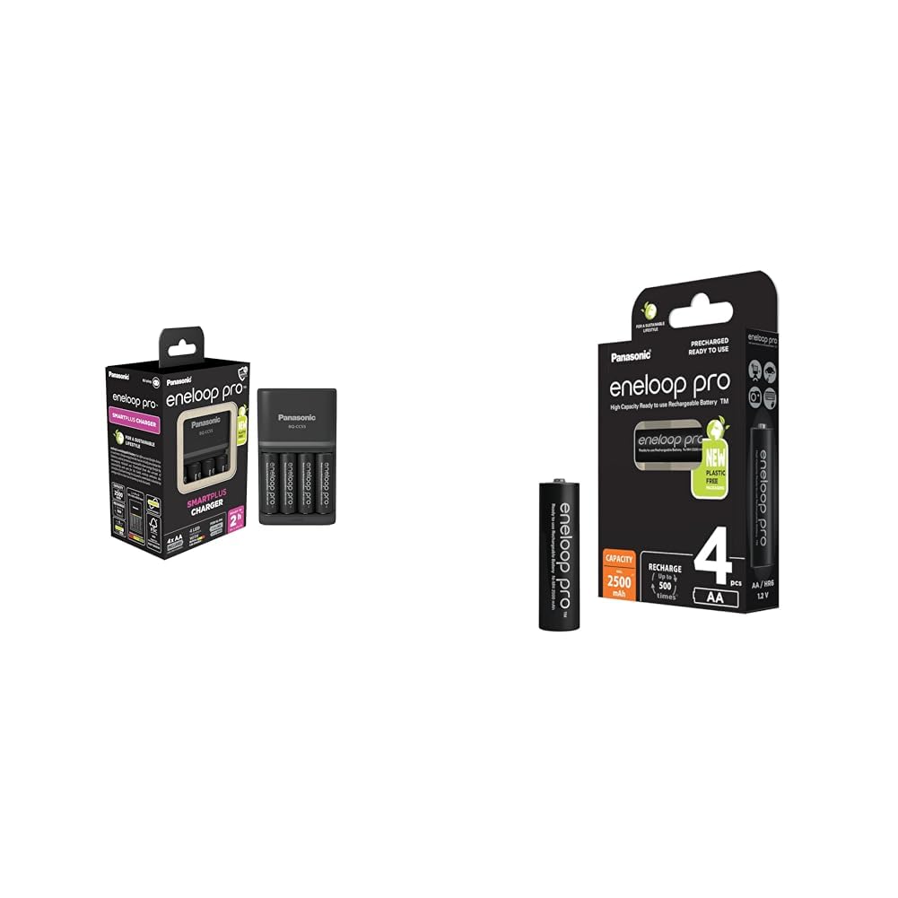 Panasonic eneloop SmartPlus Ladegerät für 1–4 AA/AAA NI-MH-Akkus & c eneloop pro AA/Mignon, 4er-Pack