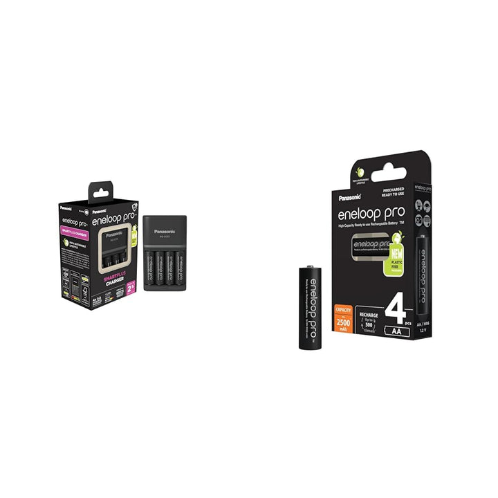Panasonic eneloop SmartPlus Ladegerät für 1–4 AA/AAA NI-MH-Akkus & c eneloop pro AA/Mignon, 4er-Pack