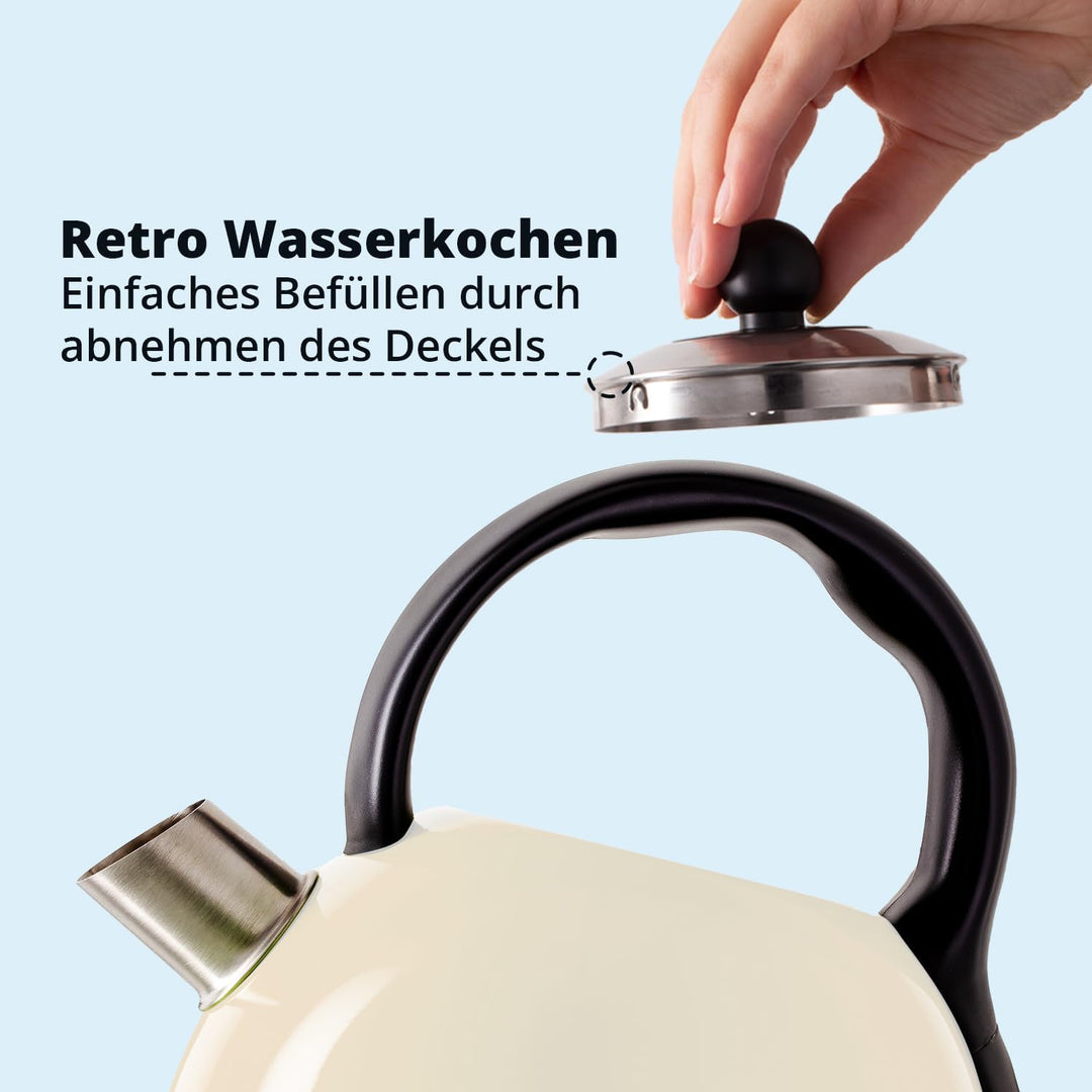 KHG WK-1711 (C) Wasserkocher Retro 1,7 Liter | Kessel-Wasserkocher in Creme | 360° Sockel | Kalkfilt