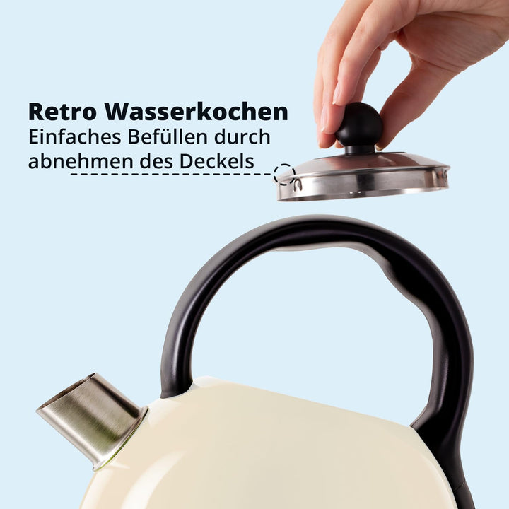 KHG WK-1711 (C) Wasserkocher Retro 1,7 Liter | Kessel-Wasserkocher in Creme | 360° Sockel | Kalkfilt
