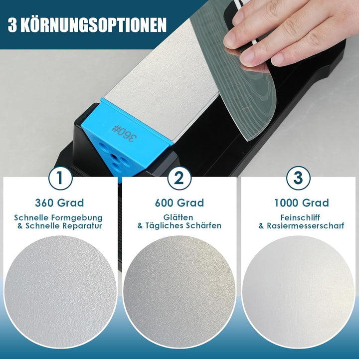 Dreiseitiger Diamant-Schleifstein Gross, 360/600/1000 Korn mit Honing Guide, Winkel Guide und Leders