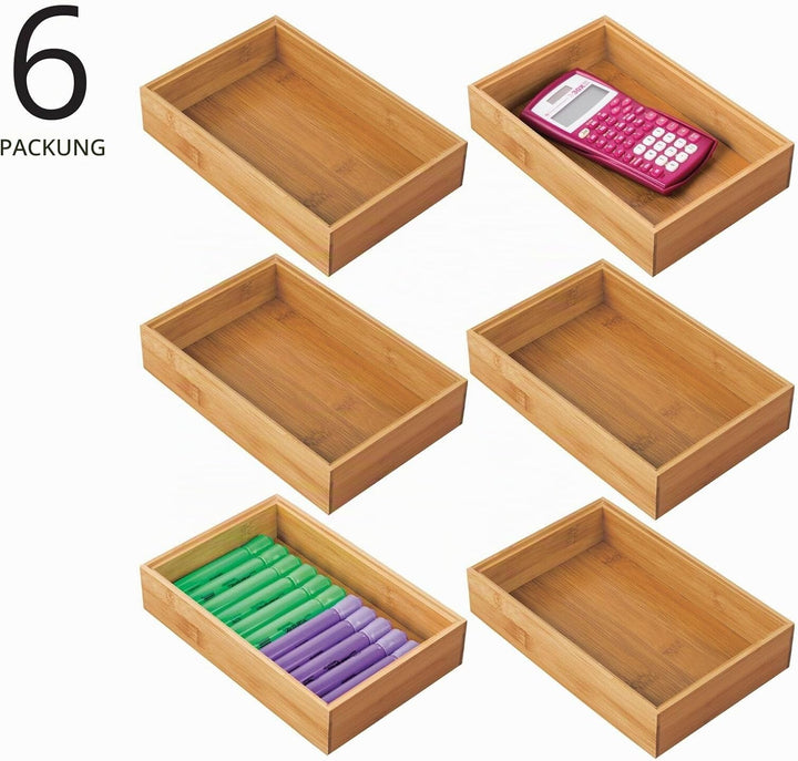 mDesign 6er-Set Aufbewahrungsbox für die Küche – grosse Schubladenbox aus Bambus – stapelbarer Schub