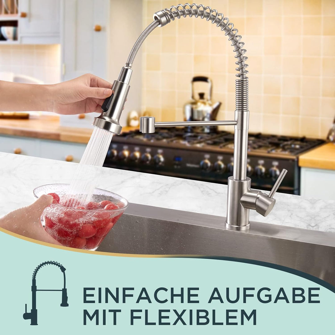 FORIOUS Wasserhahn Küche, Hoher Bogen Hochdruck Küchenarmatur mit Herunterziehen Brause Armatur, Mis