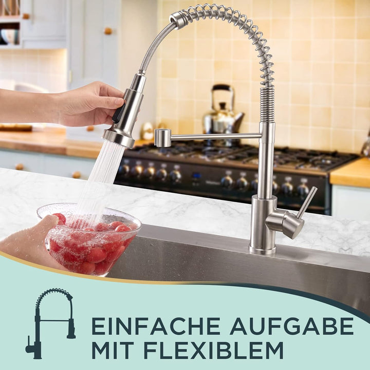 FORIOUS Wasserhahn Küche, Hoher Bogen Hochdruck Küchenarmatur mit Herunterziehen Brause Armatur, Mis