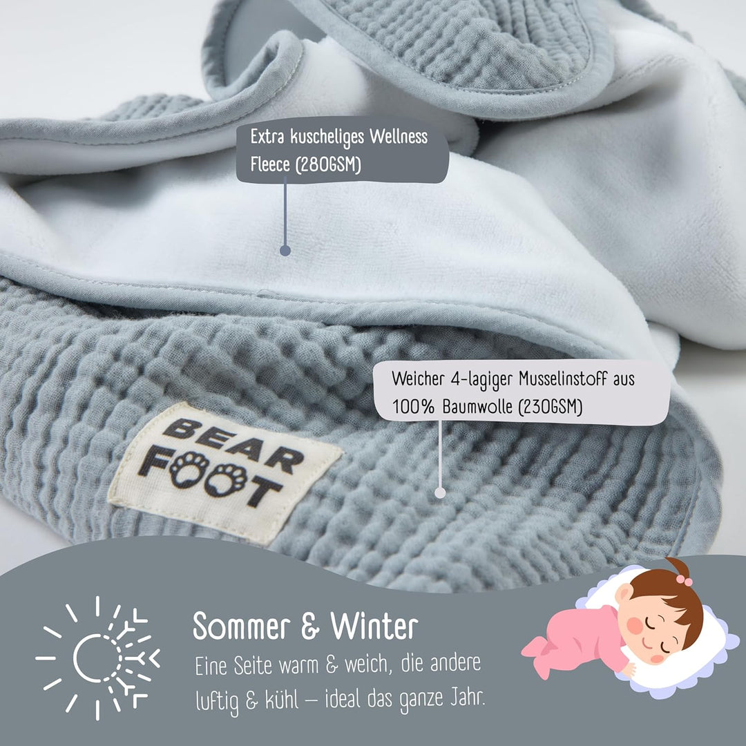 BEARFOOT Babydecke - Musselin Fleecedecke (Baumwolle, Fleece) flauschig weiche Kuscheldecke, Baby/Ne