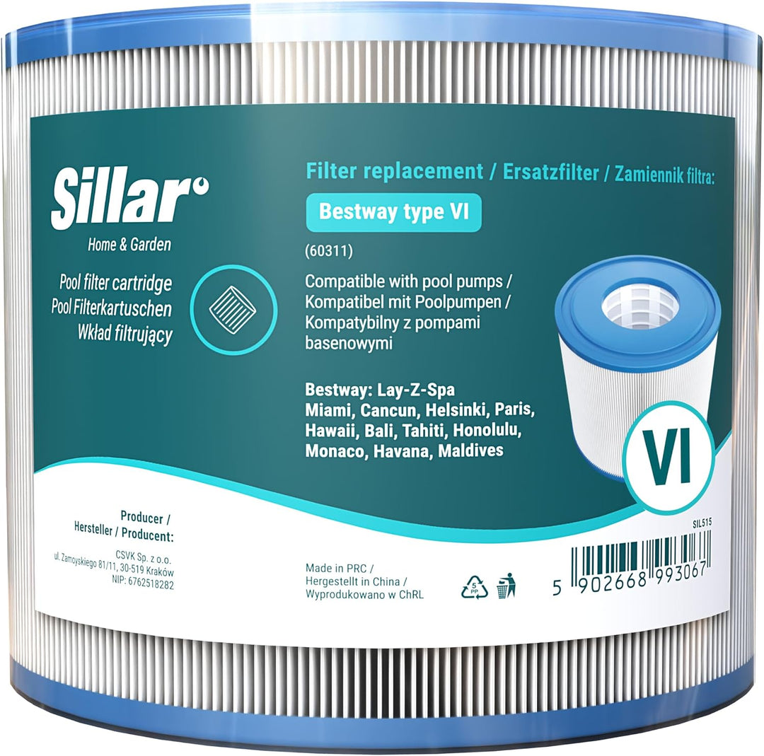 Sillar Pool Filter Ersatzkartusche Typ VI für Whirlpools, kompatibel mit Bestway 58323, Lay-Z-Spa, F