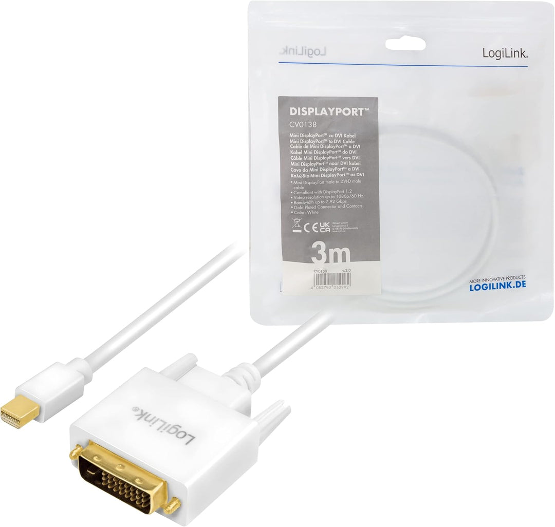 Mini-DisplayPort (v1.2) zu DVI (DVI-D 24+1) Anschlusskabel in weiss, FULL HD, 3m 3m mini-DP zu DVI,