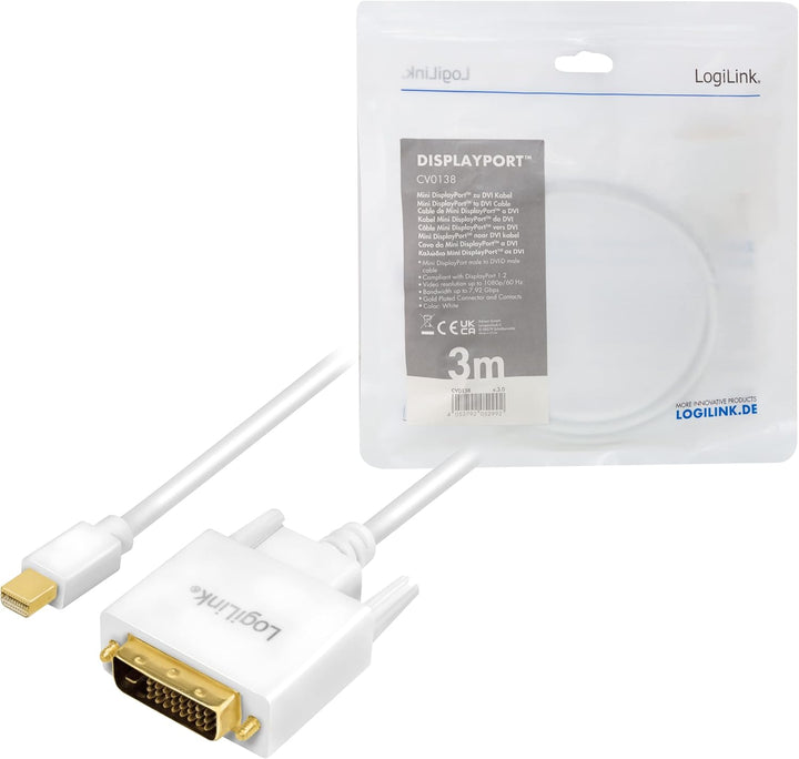 Mini-DisplayPort (v1.2) zu DVI (DVI-D 24+1) Anschlusskabel in weiss, FULL HD, 3m 3m mini-DP zu DVI,