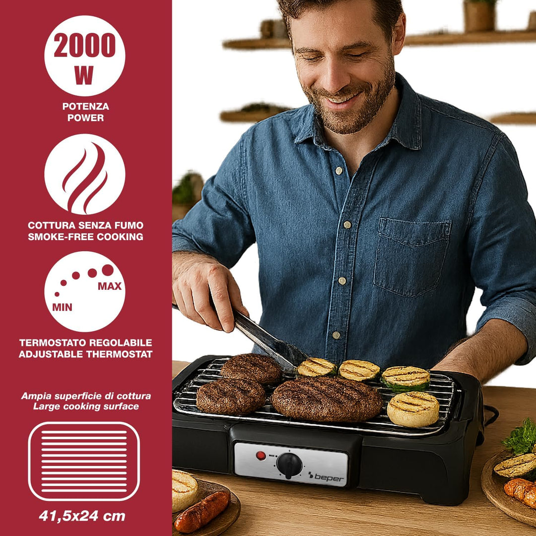 BEPER P101BBQ001 2000W Elektrogrill, XXL-Grillfläche (41,5 x 24 cm), rauchfreies Grillen, zwei Grill