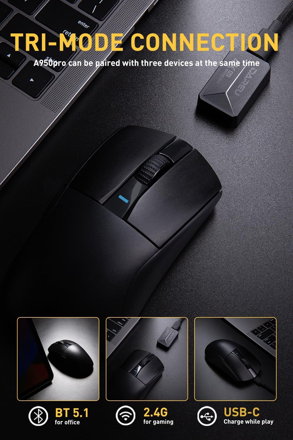 DAREU A950pro 4K Wireless Gaming Mouse: 55 g Ultraleicht, 4 kHz Abtastrate, Optischer Sensor PAW3395