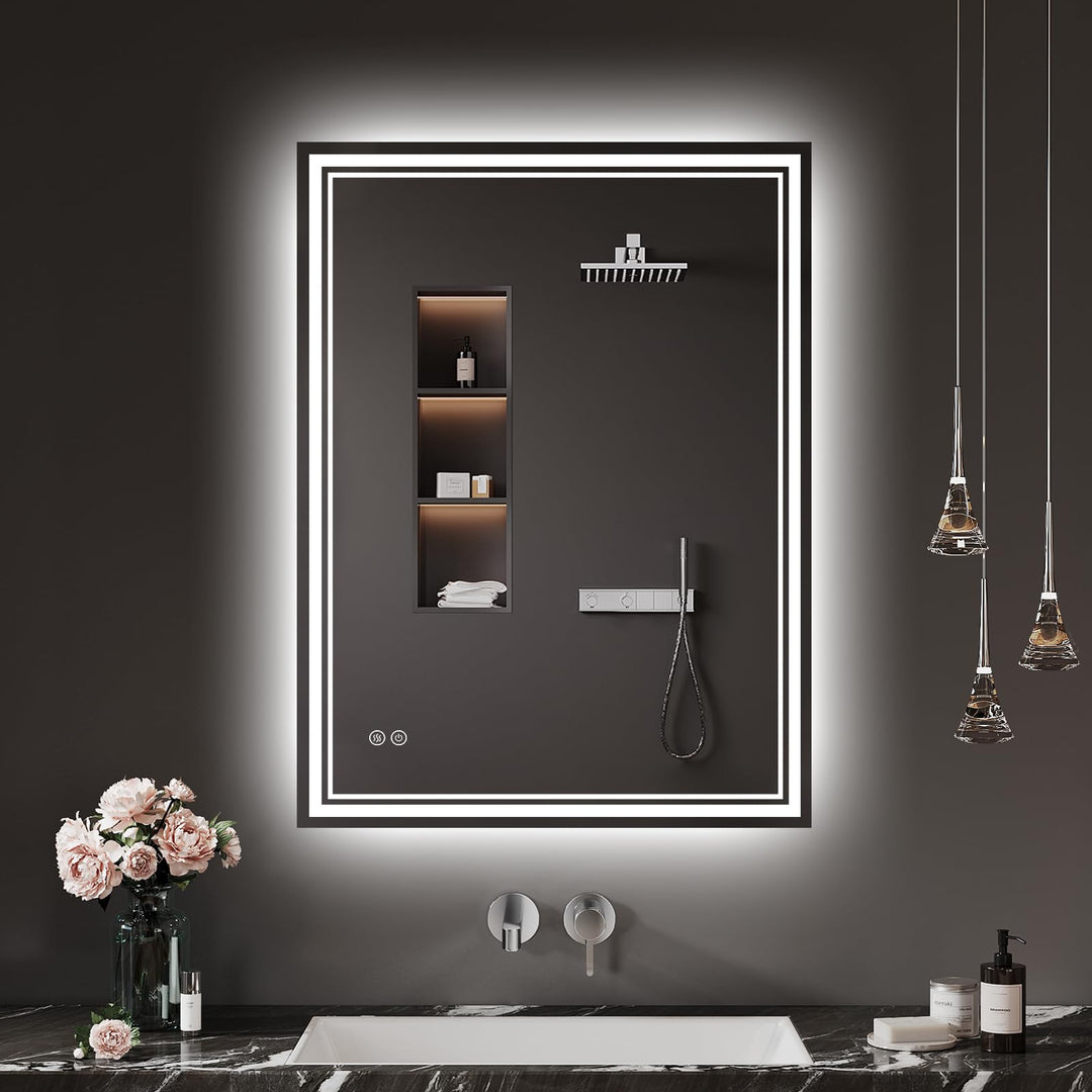 Badspiegel-mit-Beleuchtung 40x60cm LED Badezimmer-Spiegel mit Beschlagfrei, Touch-Schalter, 3 Lichtf