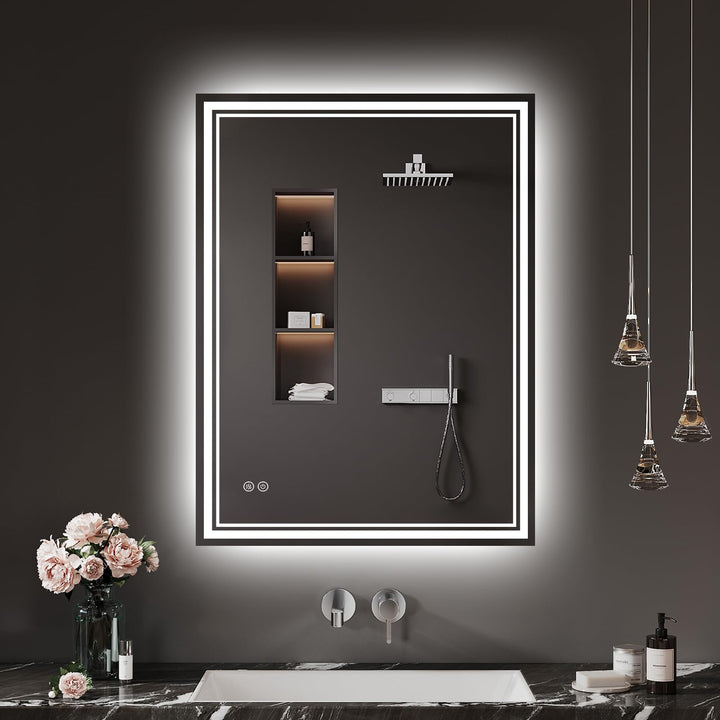 Badspiegel-mit-Beleuchtung 40x60cm LED Badezimmer-Spiegel mit Beschlagfrei, Touch-Schalter, 3 Lichtf