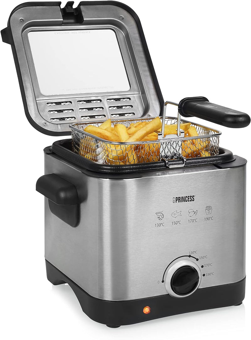 Princess Mini-Fritteuse 182612 – 1,5 L – 1000 W – für 400 g Pommes frites, Silber, Schwarz