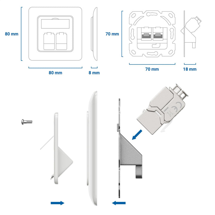 deleyCON 4x Keystone Dose Netzwerkdose Datendose Unterputz + 8x CAT 6a Keystone Jack Modul RJ45 Buch