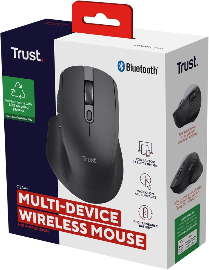 Trust Ozaa+ Kabellose Maus Bluetooth + 2.4GHz, Programmierbare Mehrgeräte Funkmaus, Seitliches Mausr