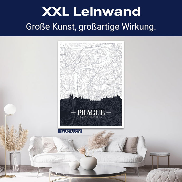 wandmotiv24 Stadt Karte als Leinwandbild, 100x75cm, Hochformat, Prag, Tschechien, Silhouette, Stadtp